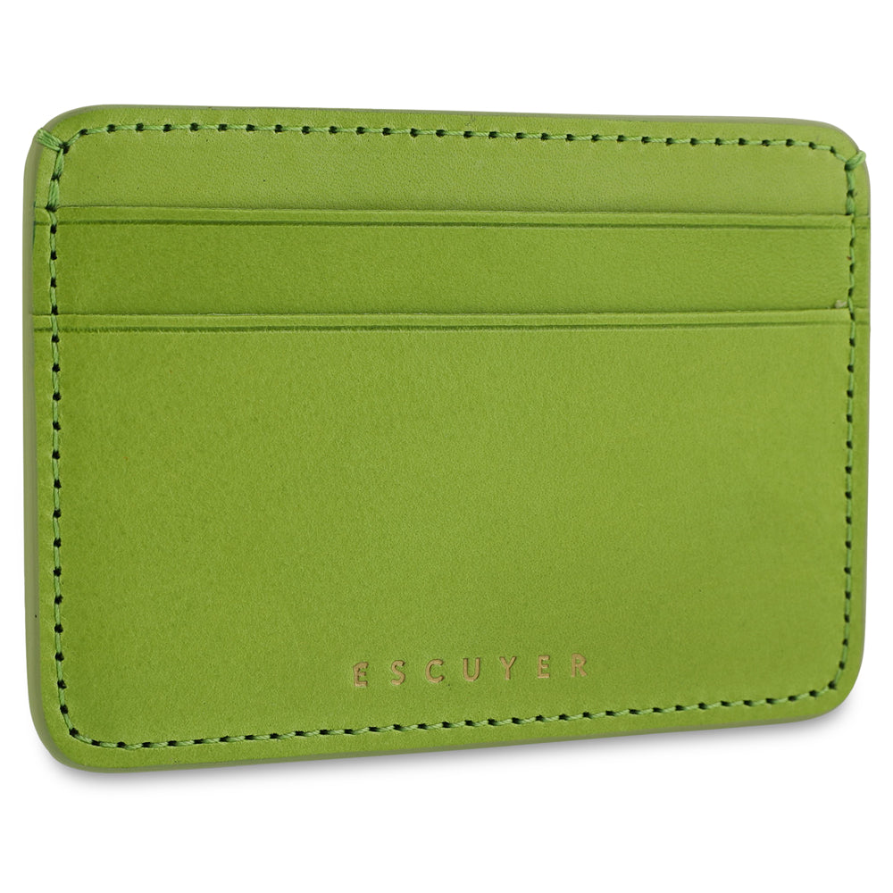 Interior view of Escuyer clorofilla leather cardholder — centre bill section and card pockets