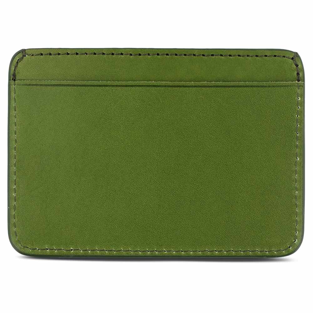 Slim jungle green leather cardholder by Escuyer, showing hand painted edges and card slots