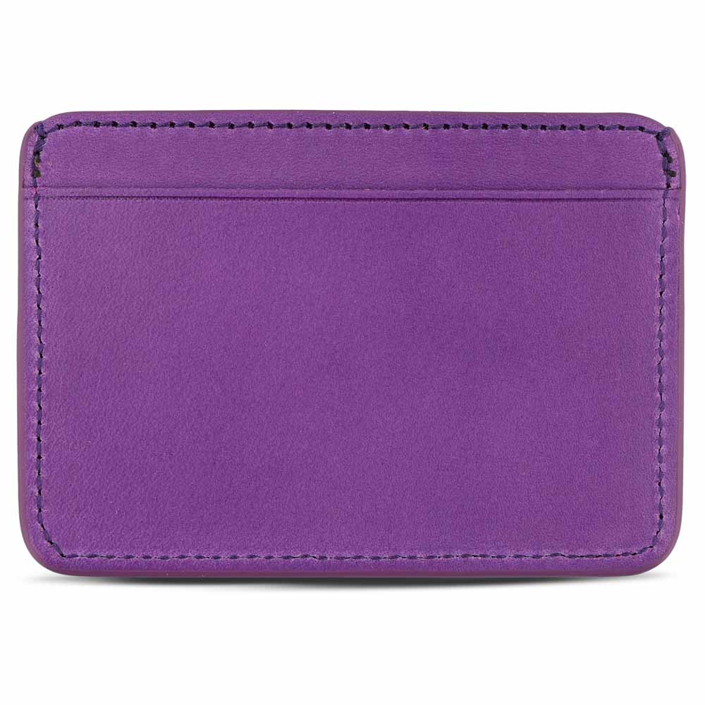 Slim violet leather cardholder by Escuyer, showing hand painted edges and card slots