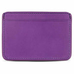 Slim violet leather cardholder by Escuyer, showing hand painted edges and card slots