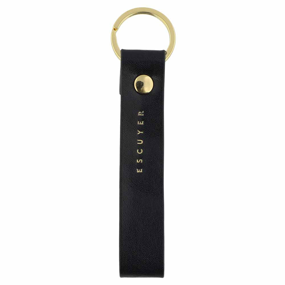 Escuyer blue leather keychain — Italian vegetable tanned leather tab with gold metal ring and gold Escuyer logo