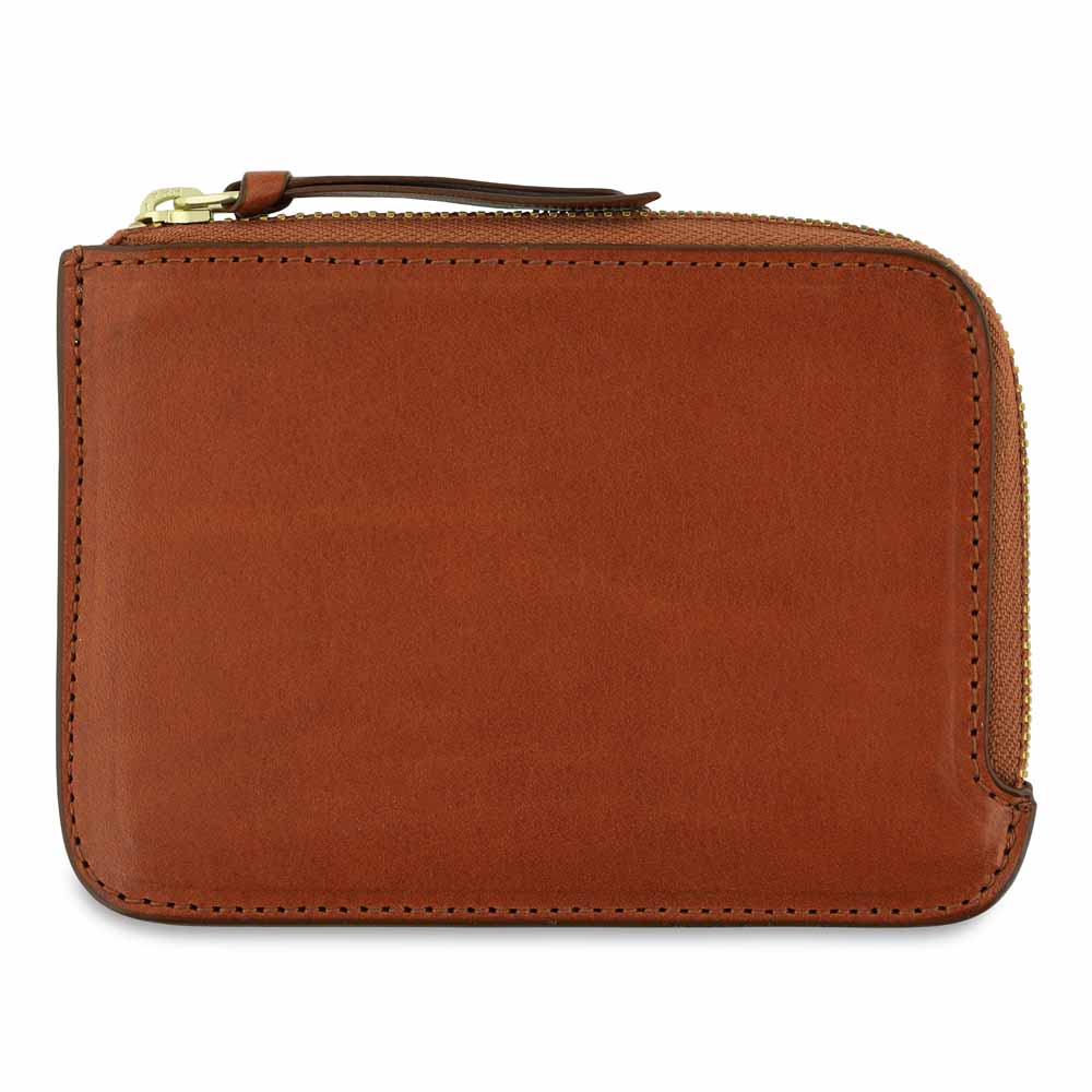 Escuyer cognac zip wallet showing zip closure and hand painted edges