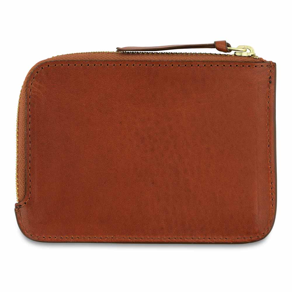 Escuyer cognac zip wallet open — interior card sleeve and cash compartment