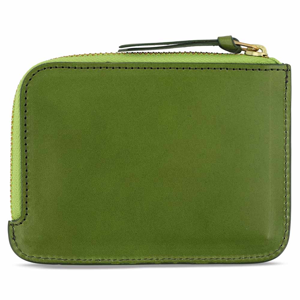 Escuyer jungle green zip wallet showing zip closure and hand painted edges