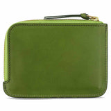 Escuyer jungle green zip wallet showing zip closure and hand painted edges
