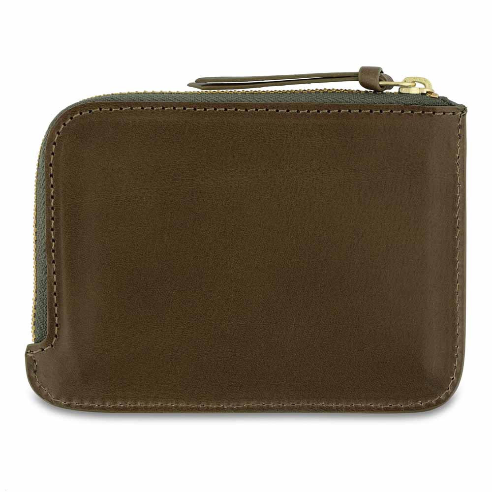 Escuyer khaki zip wallet open — interior card sleeve and cash compartment