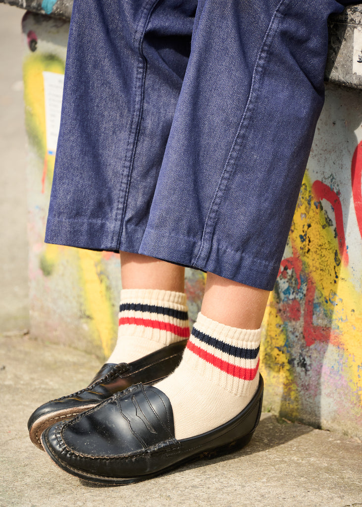 Women wearing ankle socks with black loafers