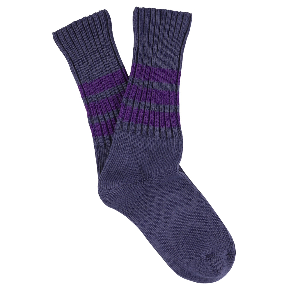 Women's striped crew socks in blue and purple, slub cotton, made in Portugal by Escuyer