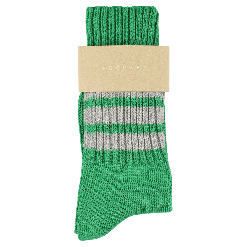 Women's striped crew socks in bright green and grey, slub cotton, made in Portugal by Escuyer