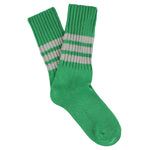 Women's striped crew socks in bright green and grey, slub cotton, made in Portugal by Escuyer