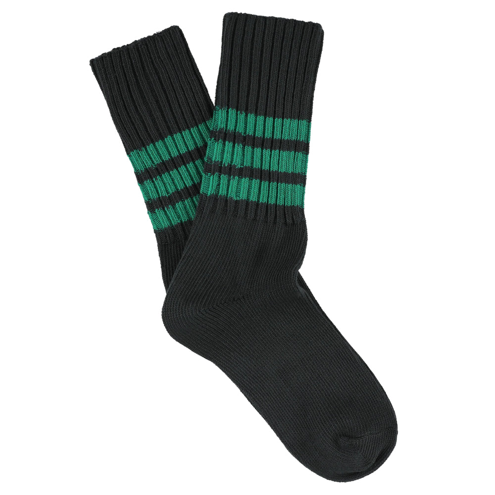 Black socks with green stripes on a white background