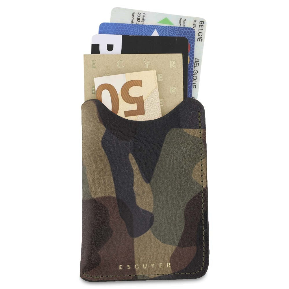 Escuyer military camouflage leather card sleeve holding cards and a folded banknote — holds up to 8 cards