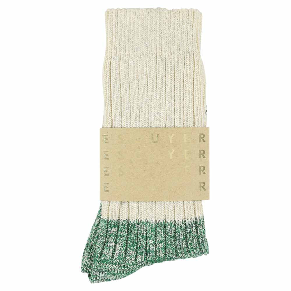 Escuyer ecru and green colour-blocked crew socks, made in Portugal