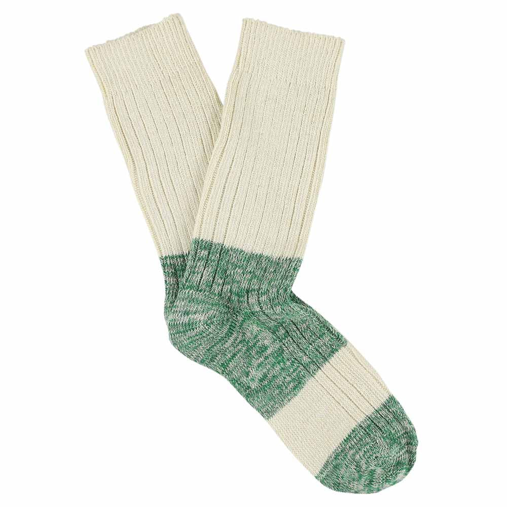 Ecru and green colour-block melange socks by Escuyer, combed cotton, made in Portugal