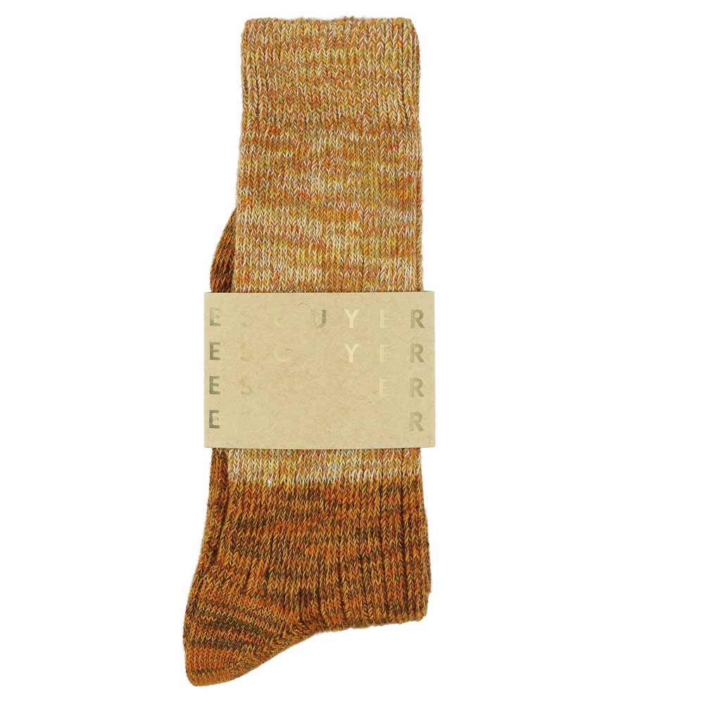 Escuyer mustard and brown colour-blocked crew socks, made in Portugal