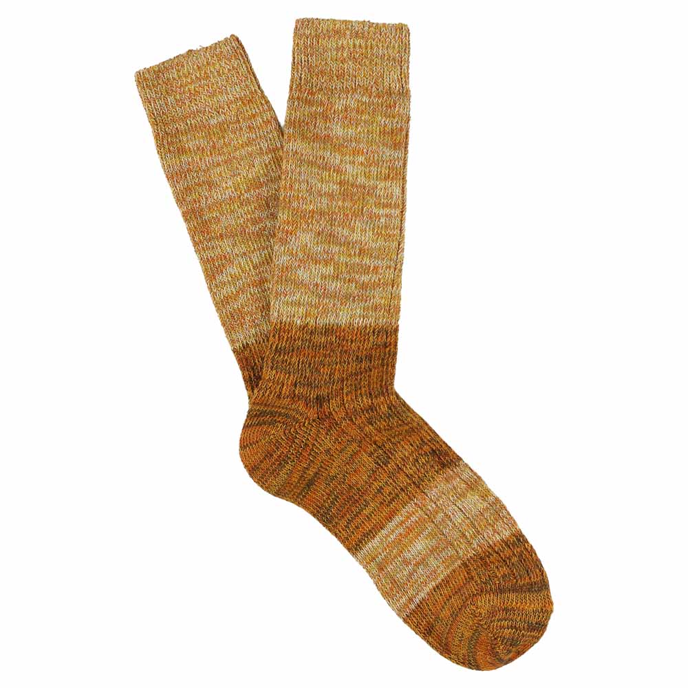 Mustard and brown colour-block melange socks by Escuyer, combed cotton, made in Portugal