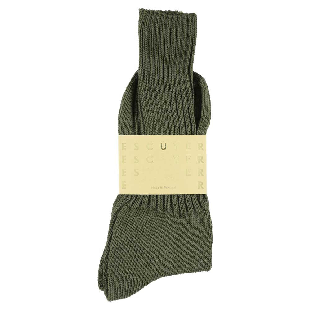 Men's ribbed crew socks in khaki, slub cotton, made in Portugal by Escuyer