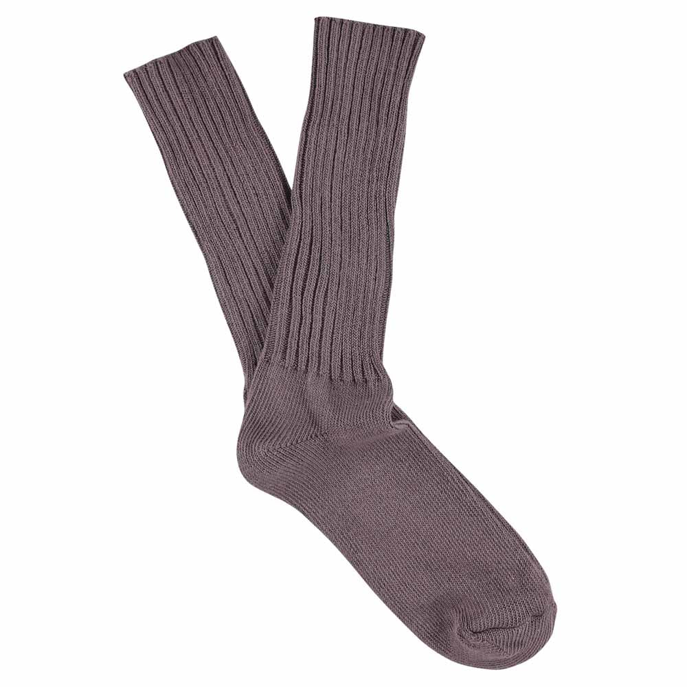 Men's ribbed crew socks in off purple, slub cotton, made in Portugal by Escuyer