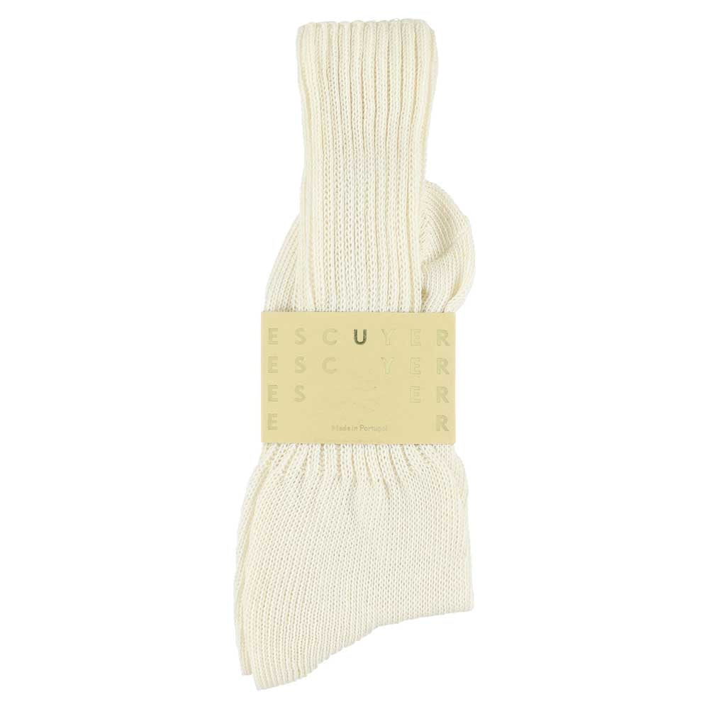 Men's ribbed crew socks in off white, slub cotton, made in Portugal by Escuyer
