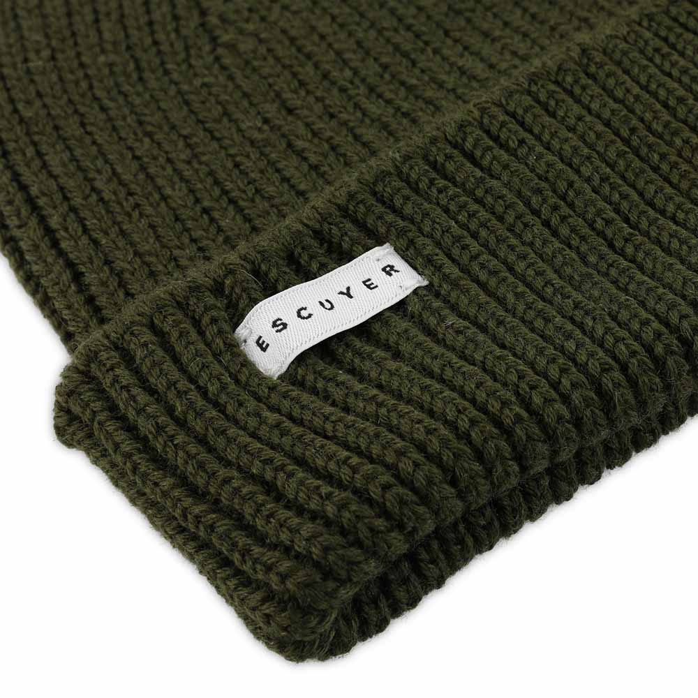Side view of khaki ribbed merino wool beanie with folded cuff
