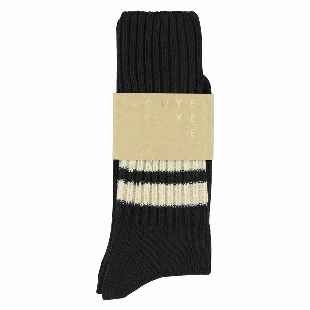 Men's striped crew socks in black and ecru, slub cotton, made in Portugal by Escuyer