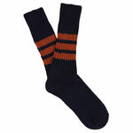 Men's striped crew socks in blue and rust, slub cotton, made in Portugal by Escuyer
