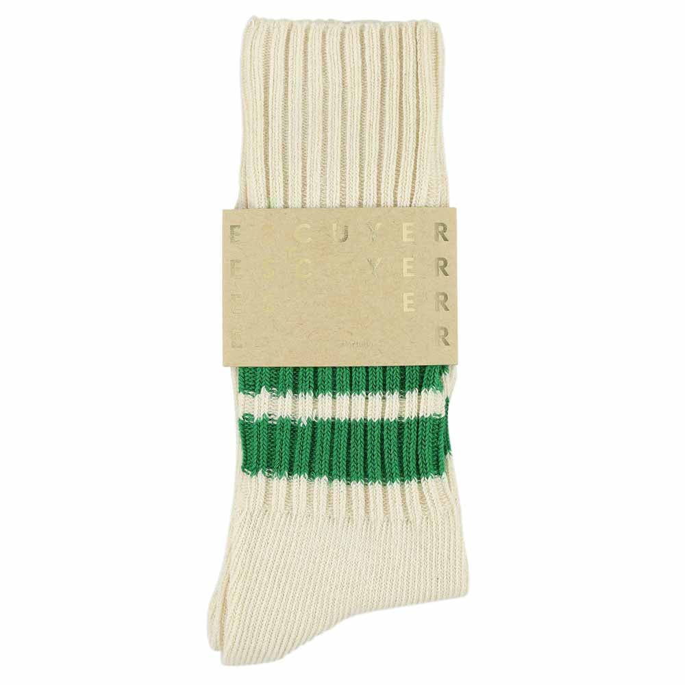 Men's striped crew socks in ecru and green, slub cotton, made in Portugal by Escuyer