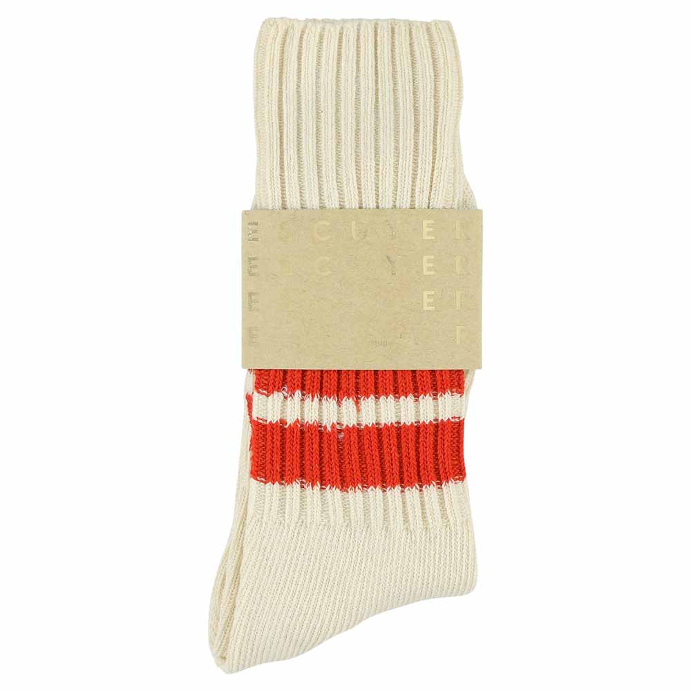 Men's striped crew socks in ecru and orange, slub cotton, made in Portugal by Escuyer
