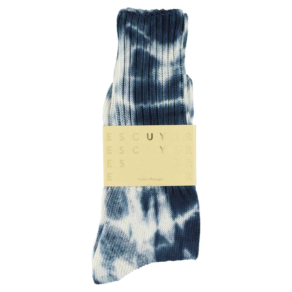 One-of-a-kind men's tie dye crew socks in off white and graphite, hand-dyed, made in Portugal by Escuyer