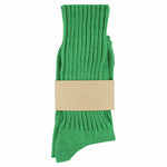 Women's ribbed crew socks in bright green, slub cotton, made in Portugal by Escuyer