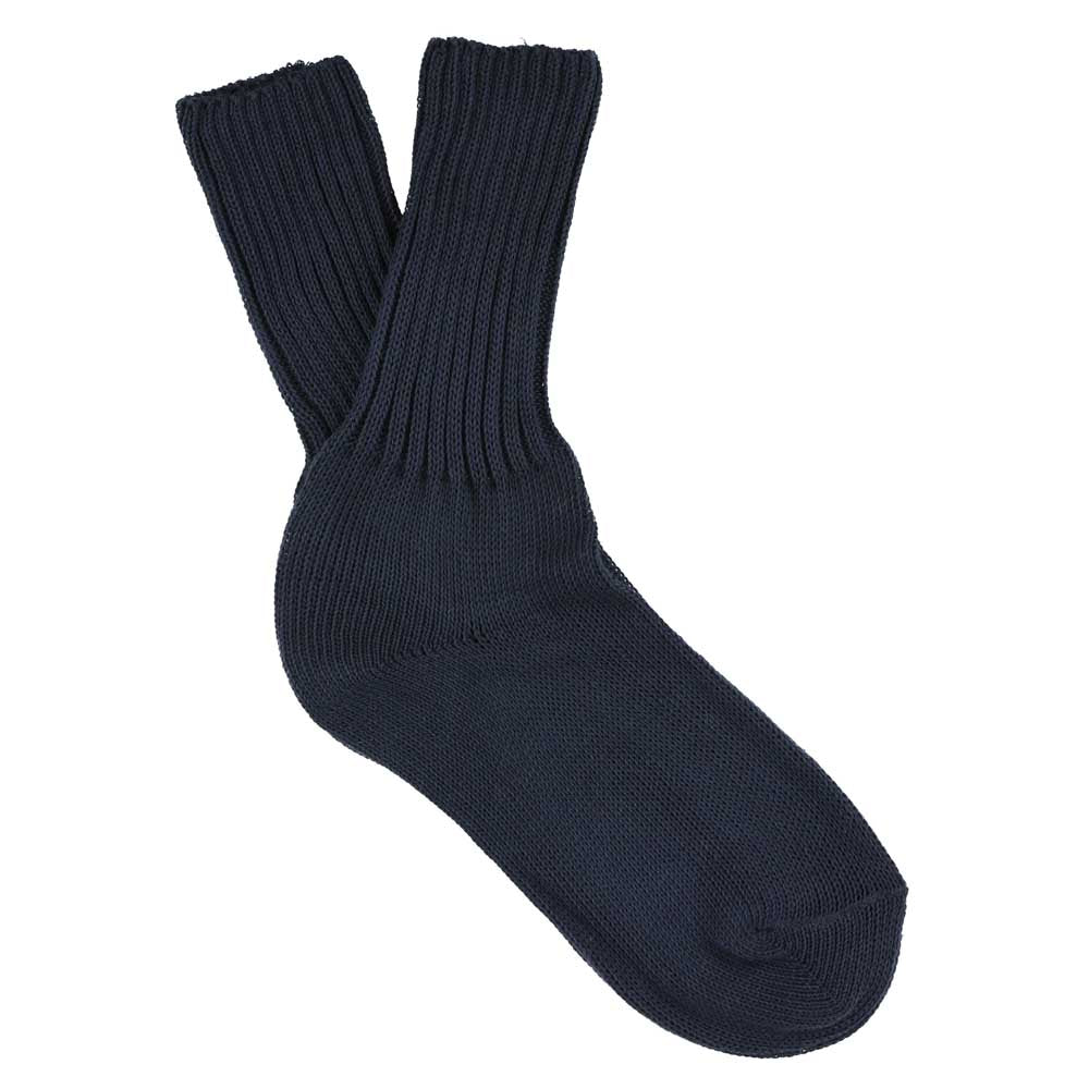 Women's ribbed crew socks in navy, slub cotton, made in Portugal by Escuyer