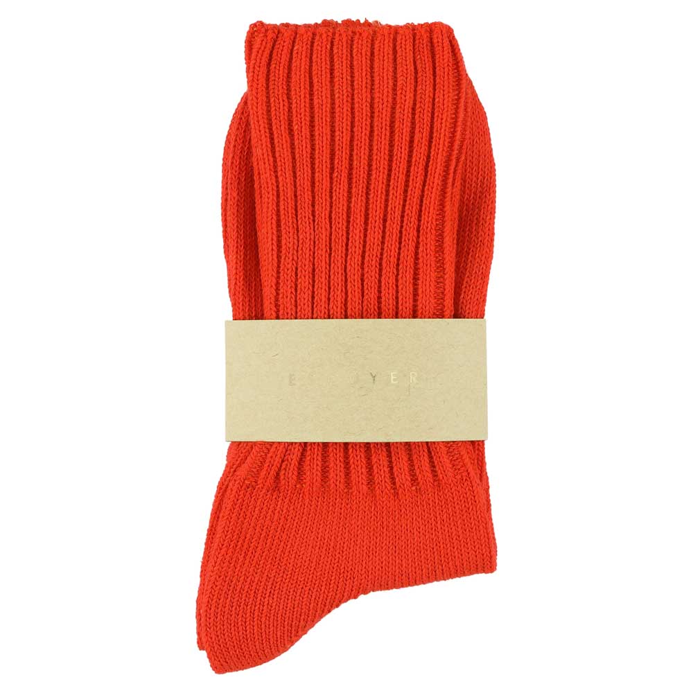 Women's ribbed crew socks in orange, slub cotton, made in Portugal by Escuyer