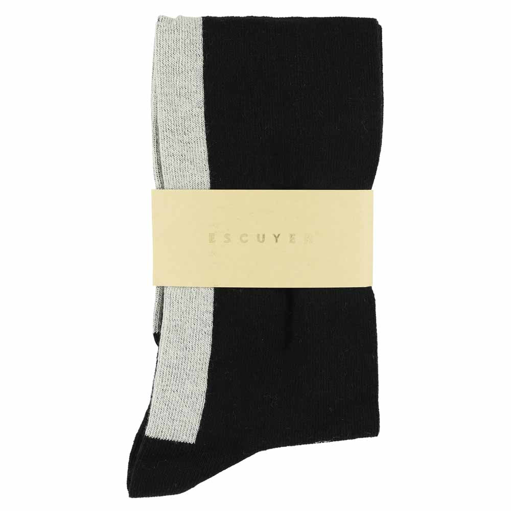 Close-up of Escuyer black and ecru combed cotton knee high socks with hand-linked toe