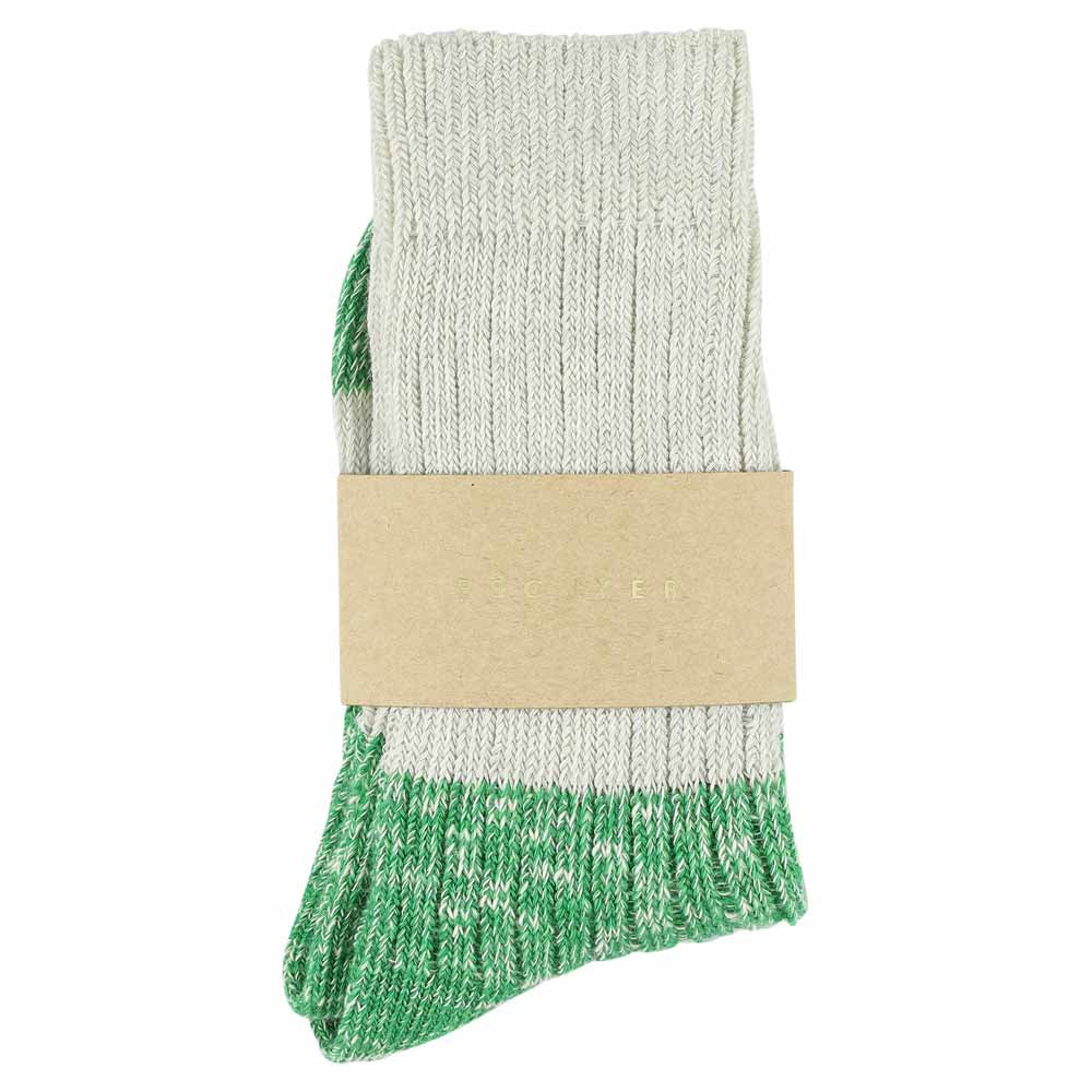 Escuyer women's ecru and bright green colour-blocked crew socks, made in Portugal