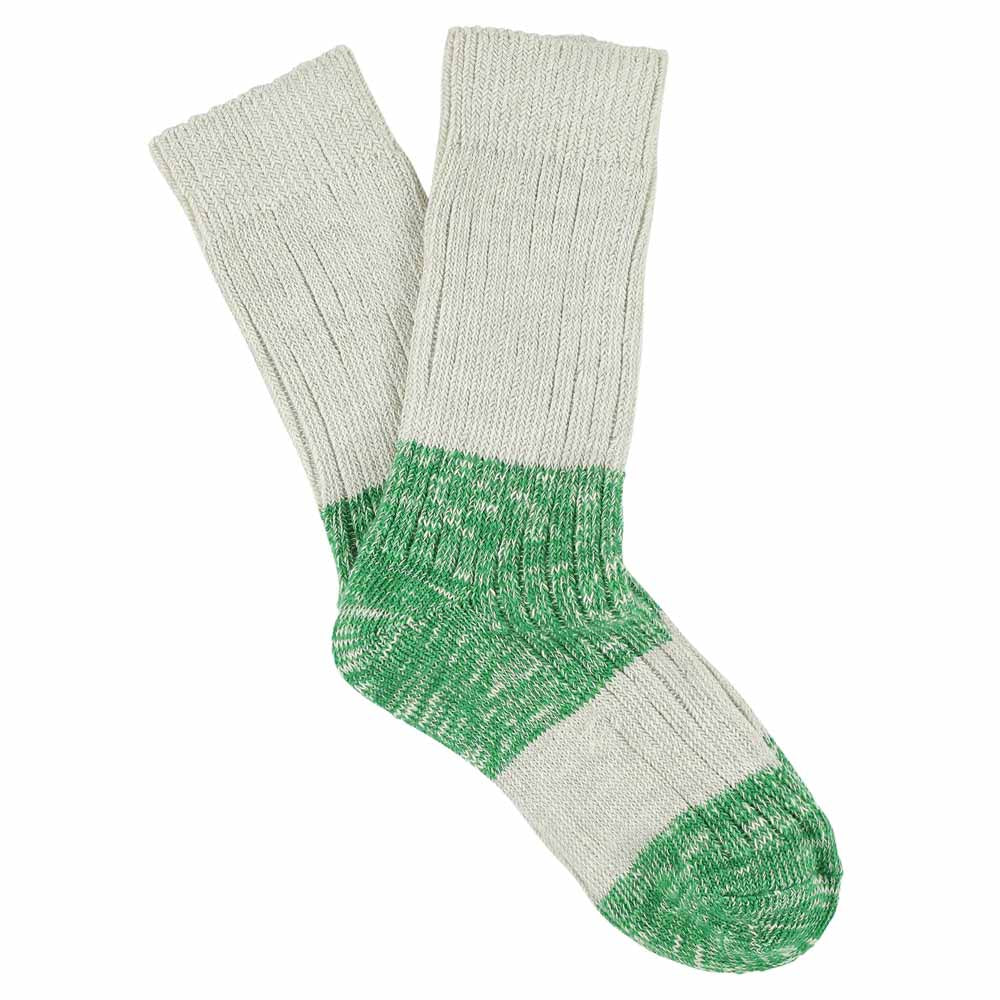 Women's ecru and bright green colour-block melange socks by Escuyer, combed cotton, made in Portugal