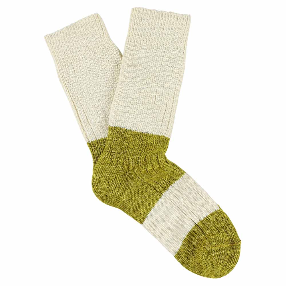 Women's ecru and mustard colour-block melange socks by Escuyer, combed cotton, made in Portugal