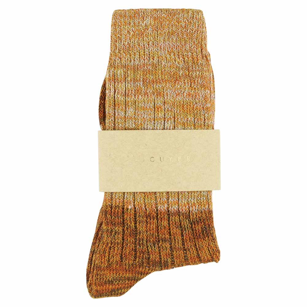 Escuyer women's mustard and brown colour-blocked crew socks, made in Portugal