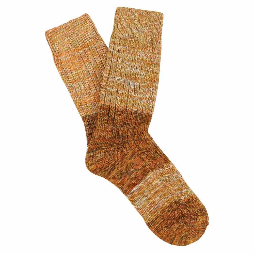Women's mustard and brown colour-block melange socks by Escuyer, combed cotton, made in Portugal
