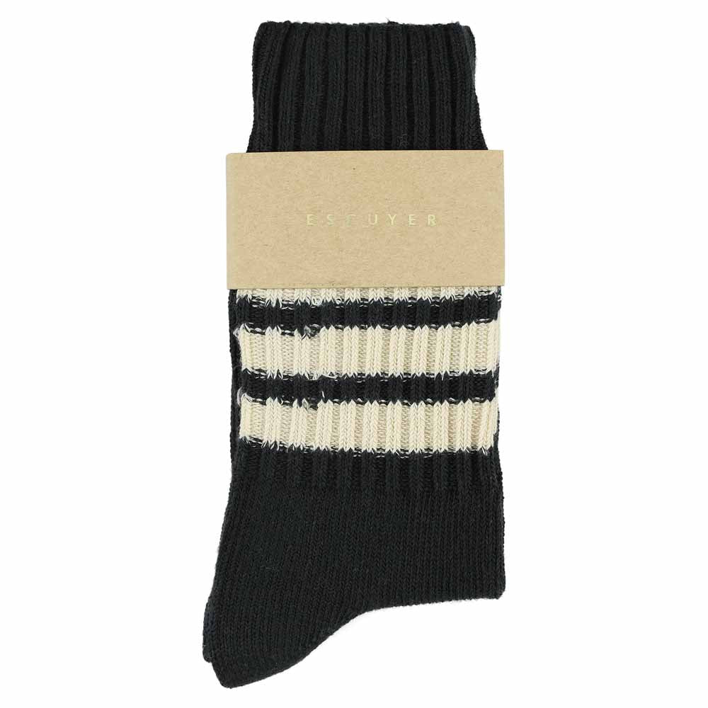 Women's striped crew socks in black and ecru, slub cotton, made in Portugal by Escuyer