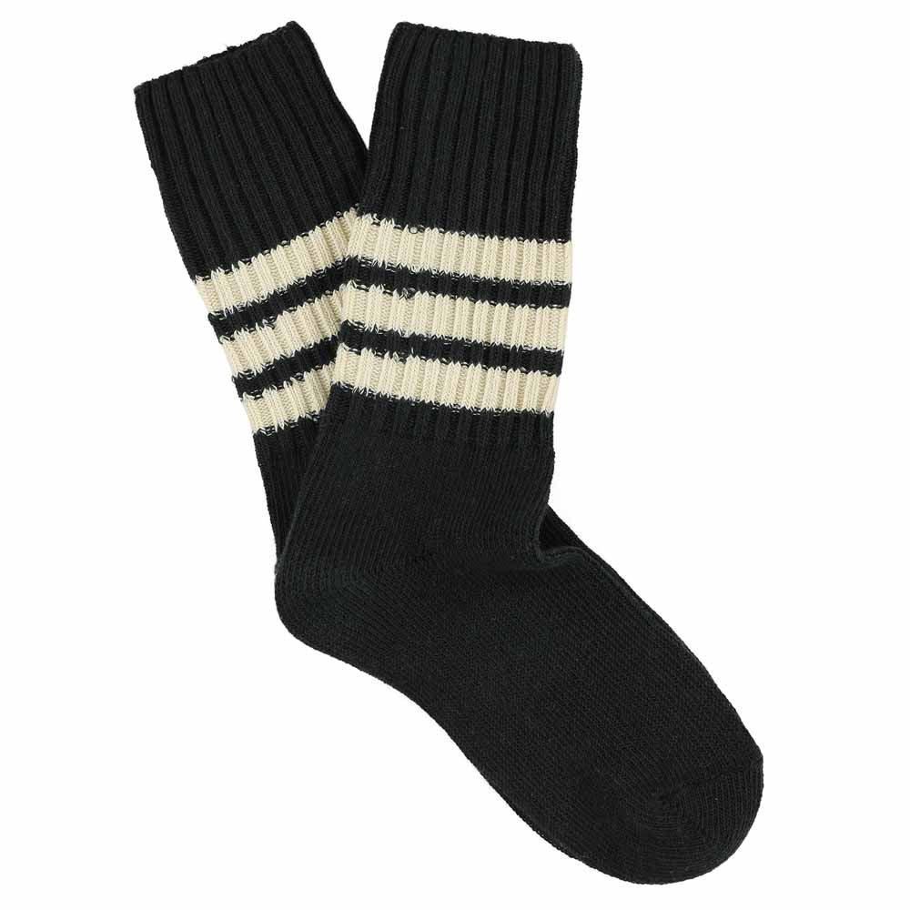 Women's striped crew socks in black and ecru, slub cotton, made in Portugal by Escuyer
