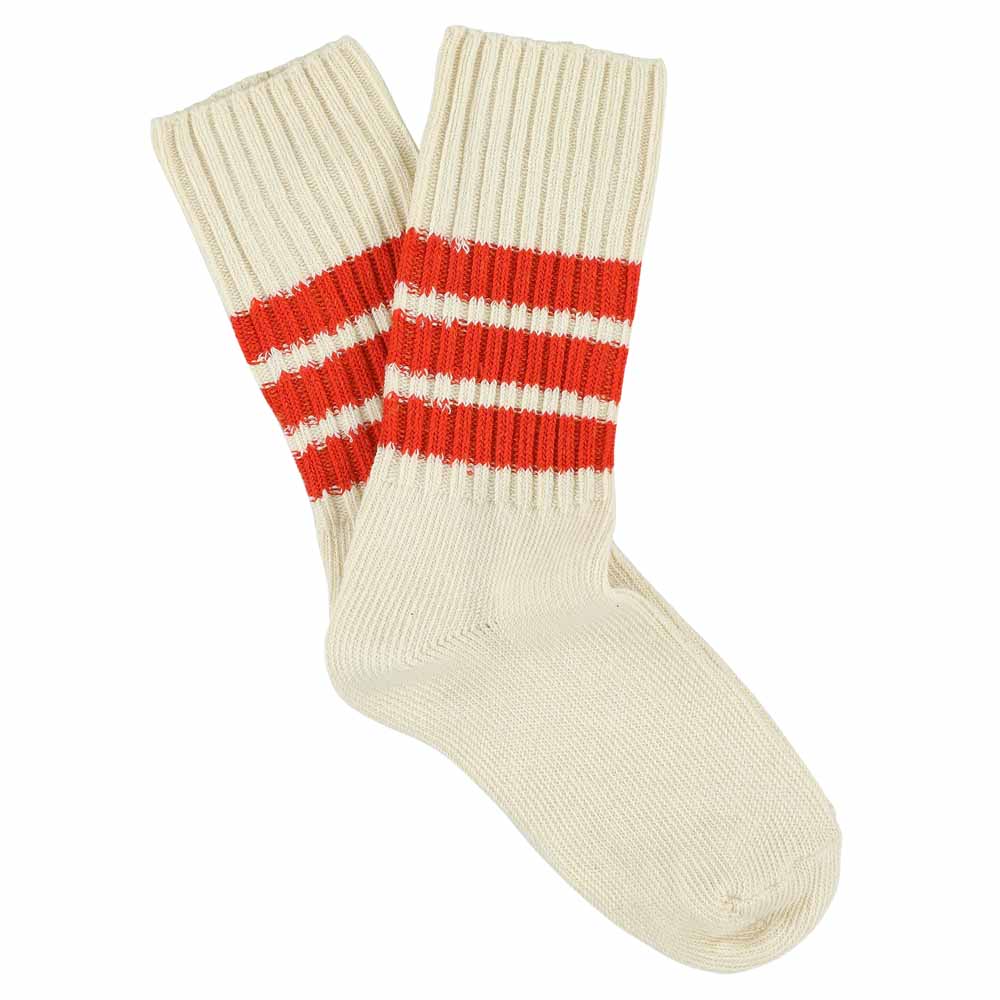 Women's striped crew socks in ecru and orange, slub cotton, made in Portugal by Escuyer