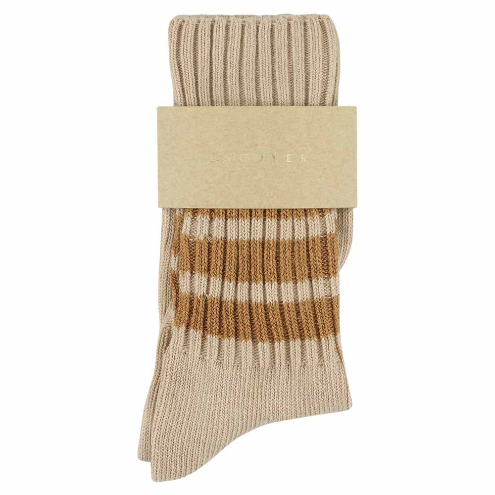 Women's striped crew socks in pink and brown, slub cotton, made in Portugal by Escuyer