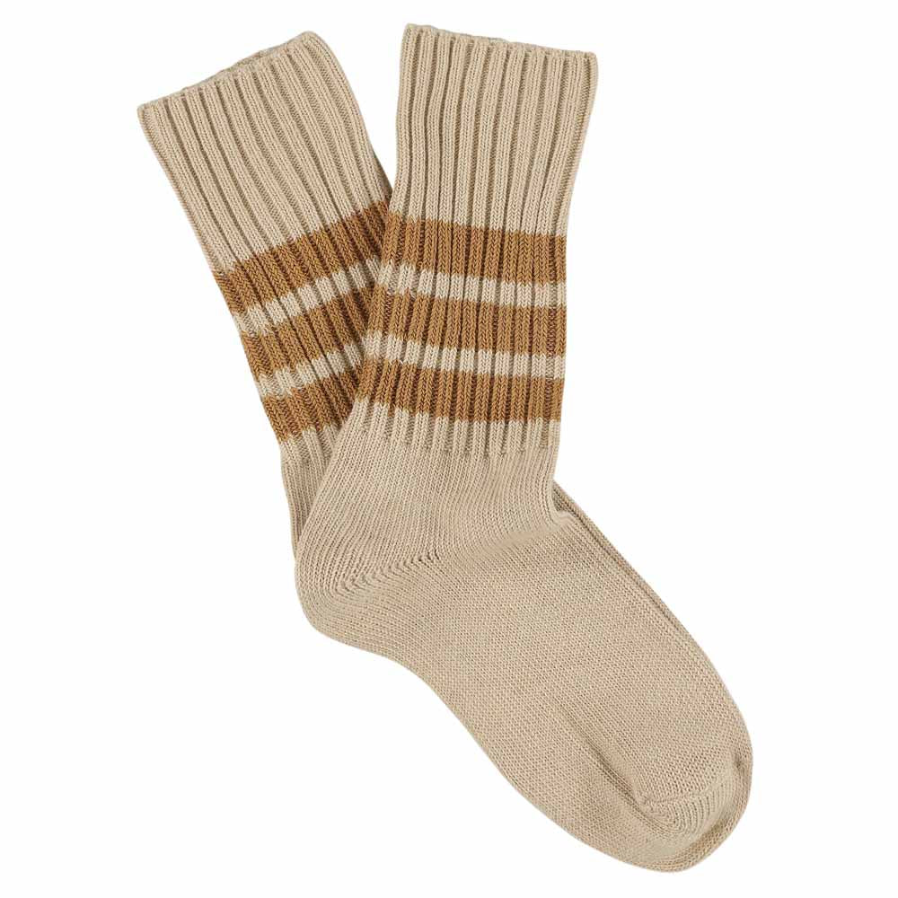 Women's striped crew socks in pink and brown, slub cotton, made in Portugal by Escuyer