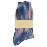 One-of-a-kind women's tie dye crew socks in indigo and coral, hand-dyed, made in Portugal by Escuyer