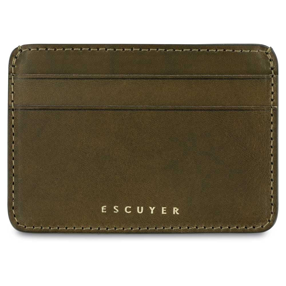 Escuyer khaki leather cardholder — handmade vegetable tanned leather card case, front view