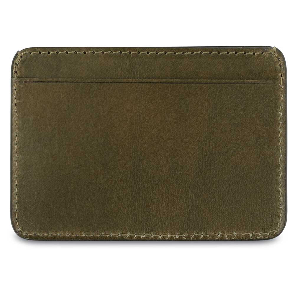 Slim khaki leather cardholder by Escuyer, showing hand painted edges and card slots