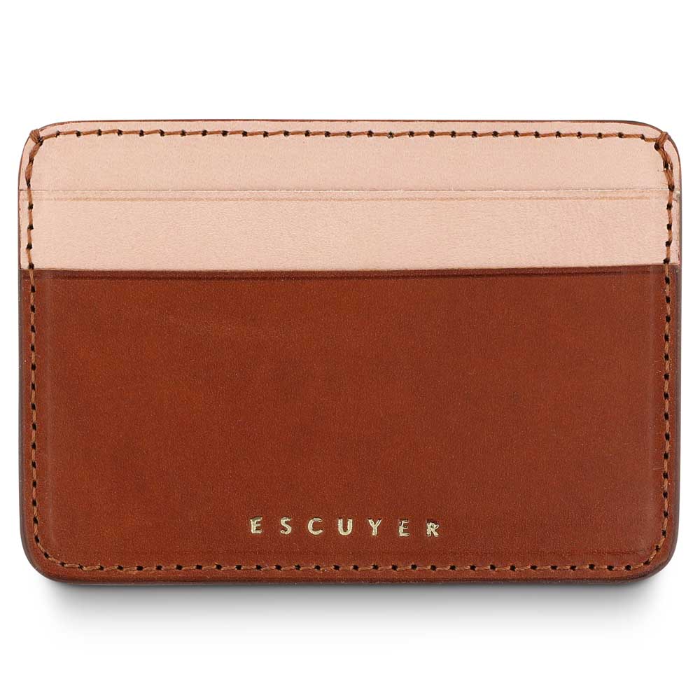 Escuyer leather cardholder in cognac and pink — cognac front body, pink card pockets and back
