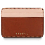 Escuyer leather cardholder in cognac and pink — cognac front body, pink card pockets and back