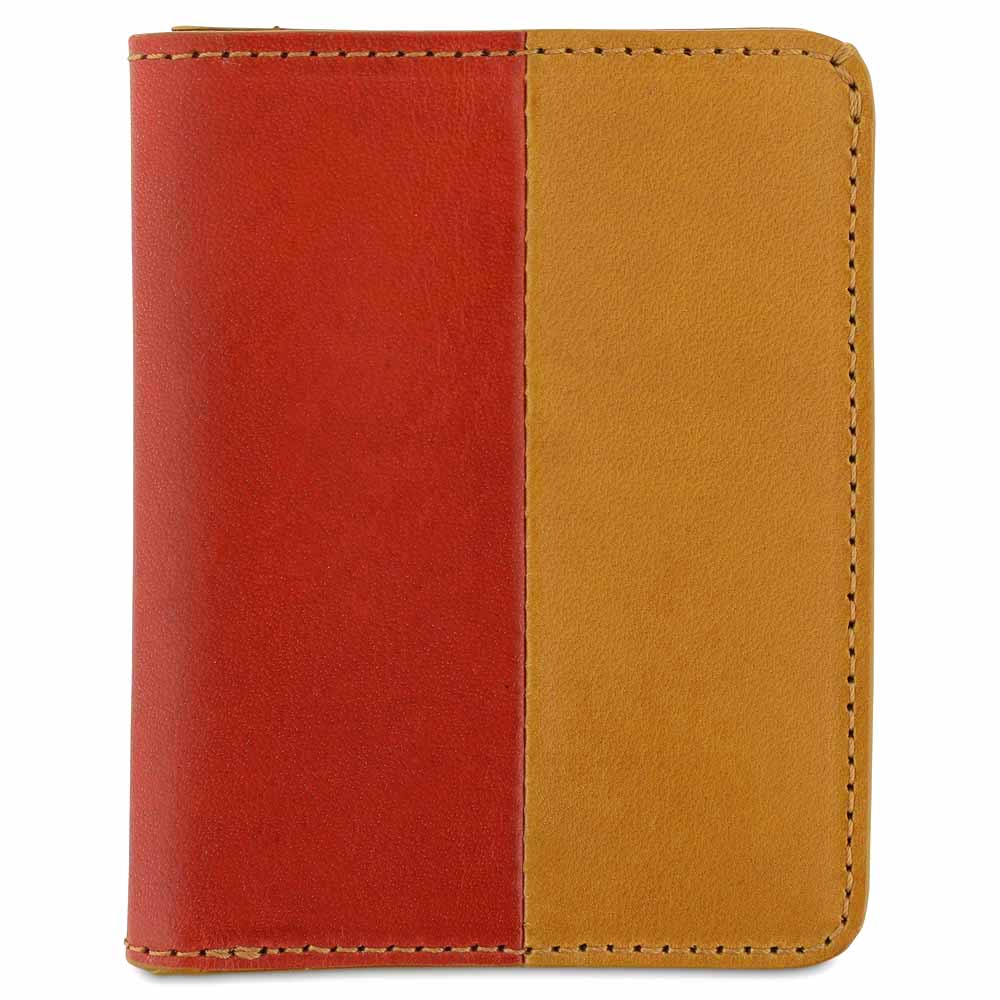 Escuyer orange and mustard slim wallet — vertical colour-block exterior, orange left half, mustard right half