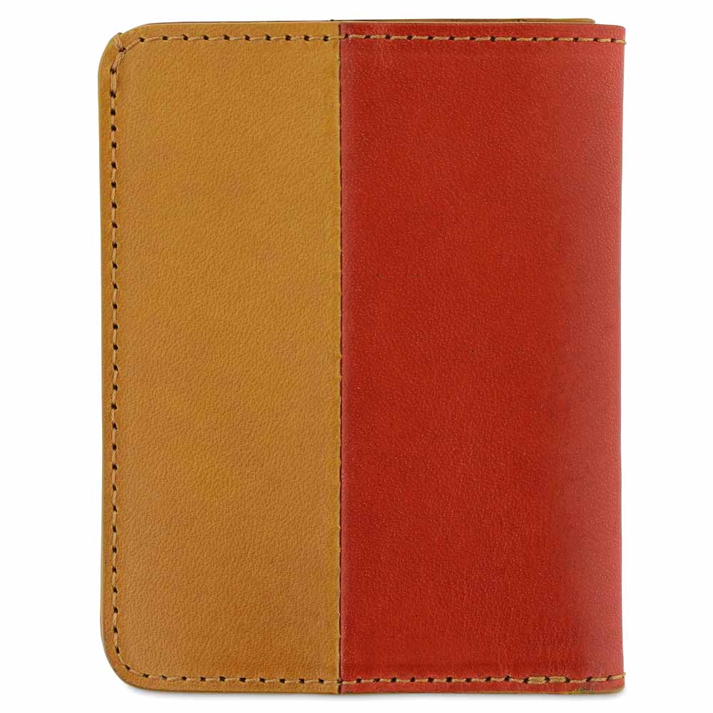 Escuyer orange and mustard slim wallet showing vertical colour-block split and slim profile